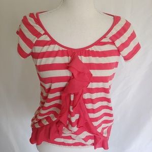 Belle Du Jour Coral Salmon Striped Ruffle Top